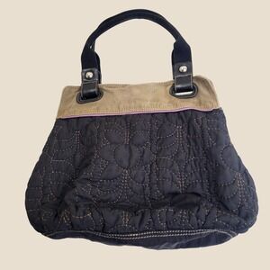Fossil Key-Per Quilted Floral Tote Bag Boho Canvas Shoulder Handbag Black Brown